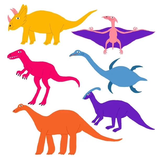 Collection Set Different Kind Dinosaurs Isolated White Cute Multi Colored — Stock Vector