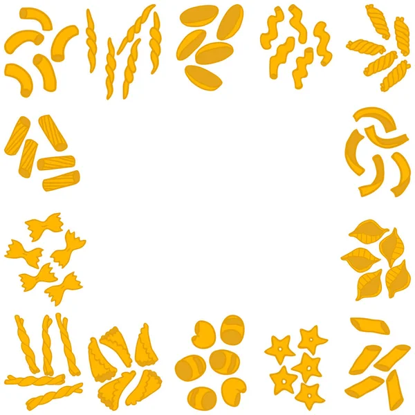 Çerçeve farklı bir makarnadan yapılmış. Uzayı metin için kopyala. Beyaz arka planda izole edilmiş. Farfalle, Maccheroni, rigate. Menü için elle çizilmiş tasarım. Stok vektör illüstrasyonu.