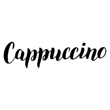 Cappuccino kahve menüsünde yazı var. Kafe menüsü yazı tipi. Restoran daktilo tabelası. El yazısıyla yazılmış bir kahve cümlesi. Vektör 10.
