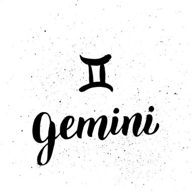 Gemini burç burcu. El yazısı astolojik kart metni. Tipografi yazı tipi burç simgesi simgesi. Dokulu çizim, grunge fırça tasarımı. Vektör 10. 