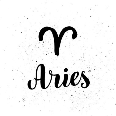 Koç burcunun burcu. El yazısı astolojik kart metni. Tipografi yazı tipi burç simgesi simgesi. Dokulu çizim, grunge fırça tasarımı. Vektör 10. 