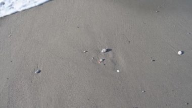 Kumda çakıl taşları ve deniz kıyısında beyaz köpüklü bir dalga.