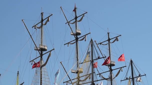 Developing Flags Turkey Masts Ship Sky Background — Stock Video