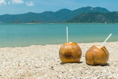 Olgun hindistan cevizleri ve kumsalda pipet içmek. Tropik tatillerde.