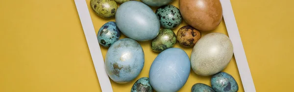 Huevos Pascua Colores Marco Blanco Madera Sobre Fondo Color Espacio —  Fotos de Stock