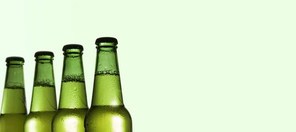 Part Green Beer Bottles Light Green Background Free Space Text — Stock Photo, Image