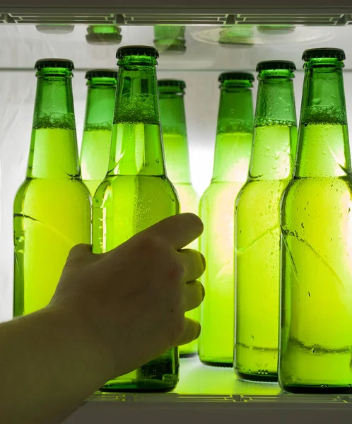 Green Beer Bottles Chilled Drops Water Shelf Refrigerator Hand Takes — Stock Photo, Image