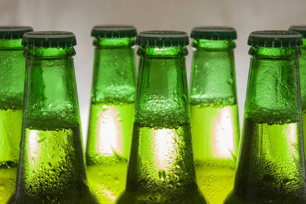 Part Green Beer Bottles Drops Condensation Light Background — Stock Photo, Image