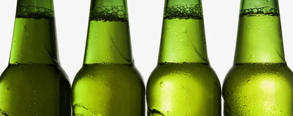 Part Green Beer Bottles Drops Condensation Light Background — Stock Photo, Image