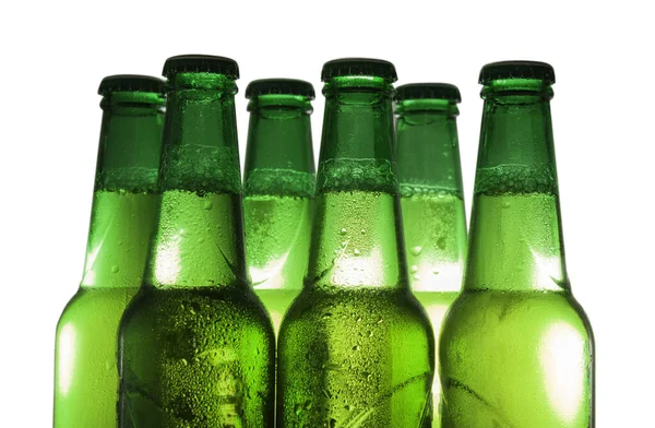 Part Green Beer Bottles Drops Condensation Isolated White Background — Stock Photo, Image