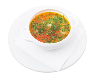 balık çorbası ile somon ve sebzeler.