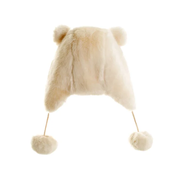 White fur cap with pompons and ears. — Stock Photo, Image