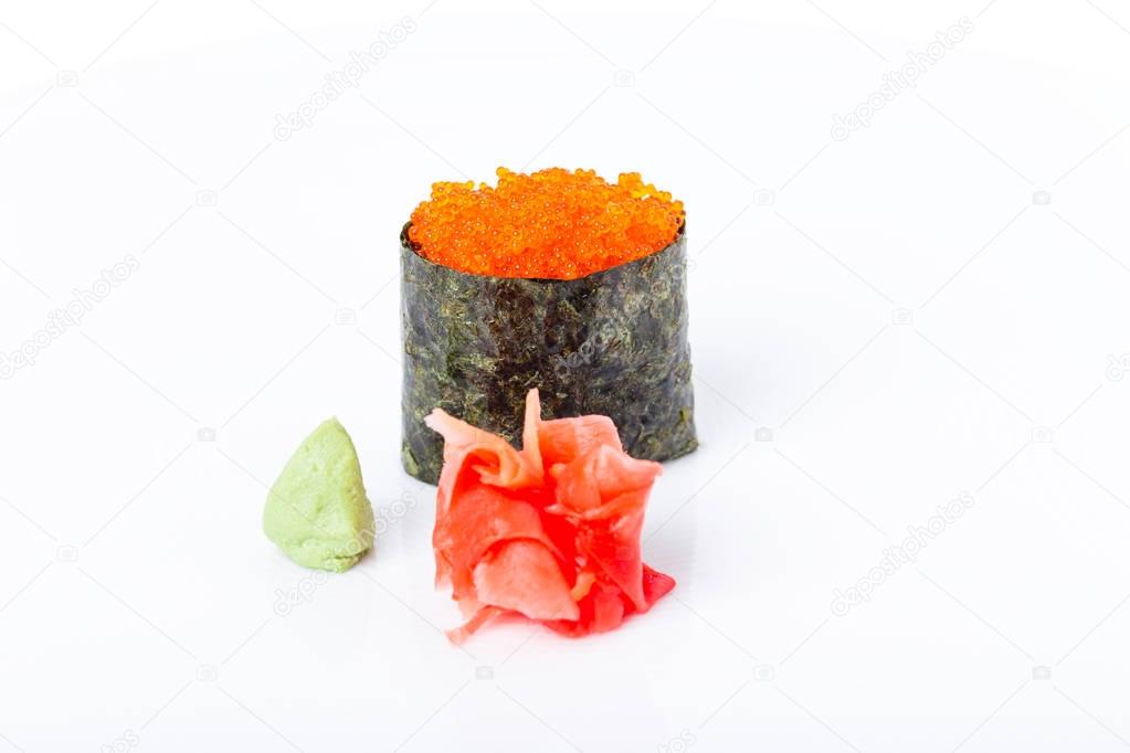 Gunkan sushi stuffed with red tobiko caviar. 