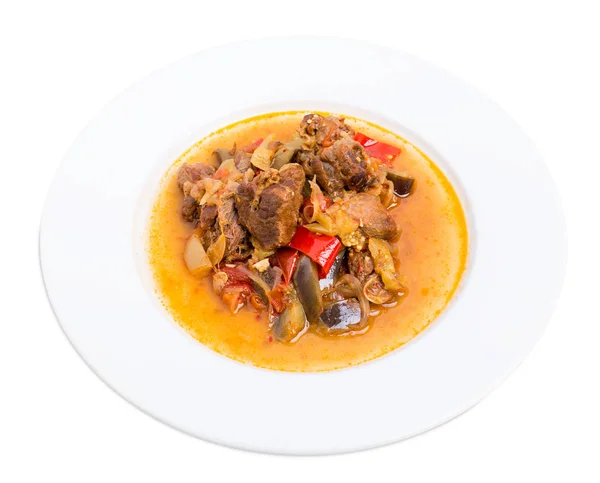 Carne di maiale stufata con melanzane e paprica . — Foto Stock