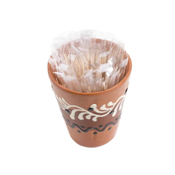 Clay cup with toothpicks. — Stock Photo, Image