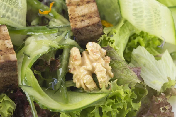 Fresh salad with walnuts and tofu cheese. — Stock Photo, Image