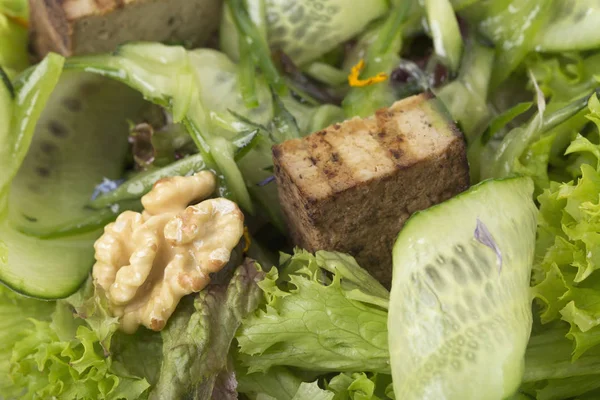 Fresh salad with walnuts and tofu cheese. — Stock Photo, Image