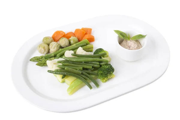 Delicious steamed vegetables with tofu sauce. — Stock Photo, Image