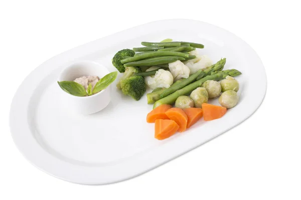 Delicious steamed vegetables with tofu sauce. — Stock Photo, Image