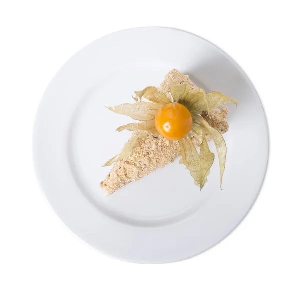 Puff cake with walnuts and physalis. — Stock Photo, Image