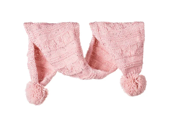 Children's pink knitted muffler with pompon. — Stock Photo, Image