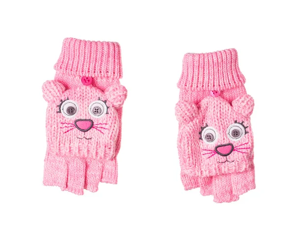 Knitted children's gloves face of cat. — Stock Photo, Image