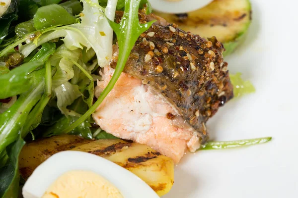 Gegrilde zalm salade met groenten en eieren. — Stockfoto