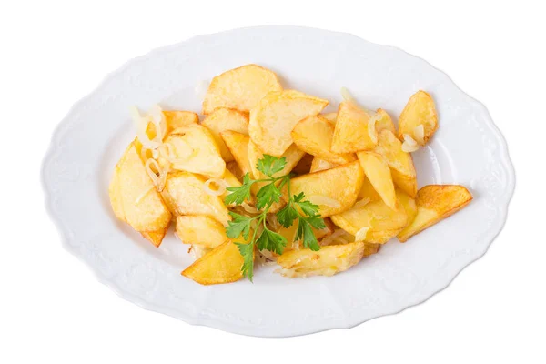 Gebakken aardappel partjes met uien en peterselie. — Stockfoto