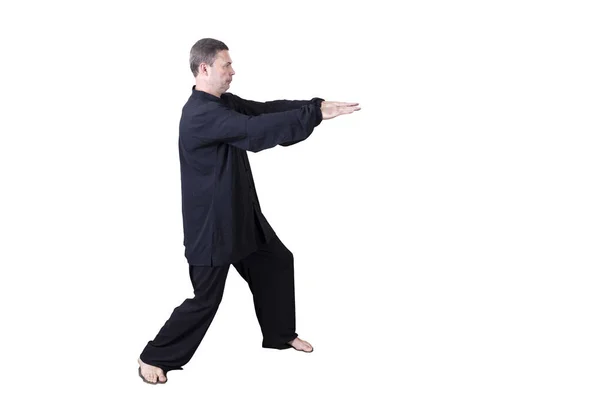 Dorosły sportowiec wykonuje formalne ćwiczenia goju-ryu. — Zdjęcie stockowe