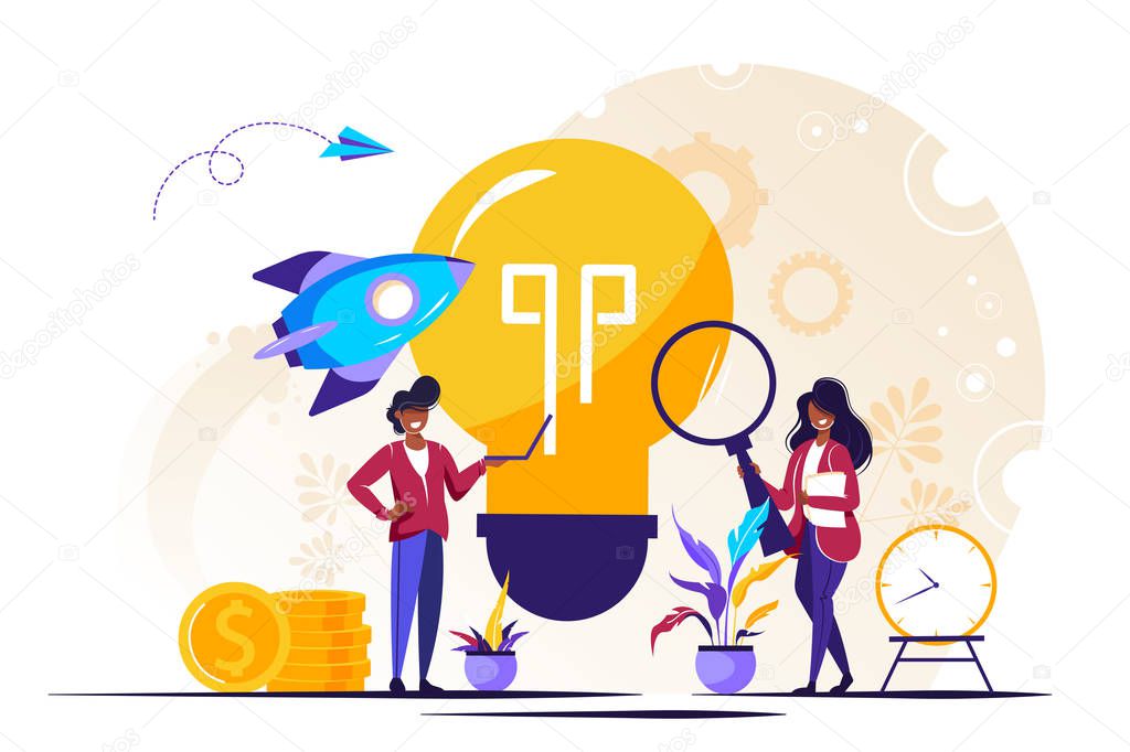 Business Start Up Concept for web page, banner, presentation, social media. Vector illustration, business project startup process, idea through planning and strategy, realization