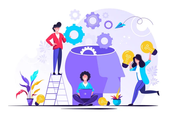 Vector creative illustration of business graphics, the company is engaged in joint search for ideas, abstract person's head, filled with ideas of thought and analytics, replacing old with new Vecto — Stock Vector