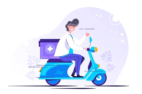 Üniformalı erkek doktor scooter kullanıyor. 