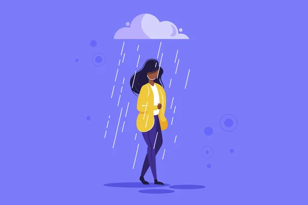 Triste personaje femenino de pie bajo la lluvia — Vector de stock