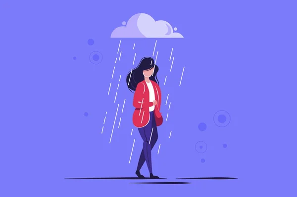 Triste personaje femenino de pie bajo la lluvia — Archivo Imágenes Vectoriales