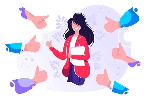 Gülümseyen mutlu genç kadın çevrili 