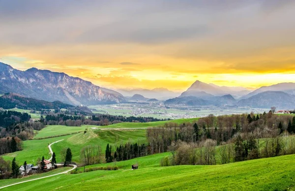 オーストリアのチロルにあるアルプスの中にある美しい夕日のパノラマビュー カイザー州クフシュタイン近郊の緑の野原 カイザーゲビルゲ バイエルンとの国境 バイエルン ドイツ — ストック写真