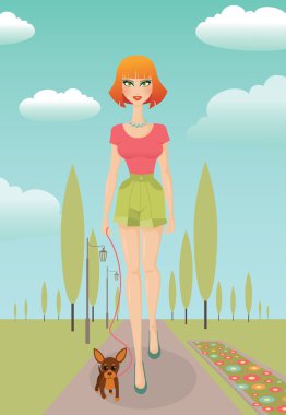 Bir köpek ile parkta kız yürüyor