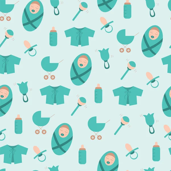 Naadloze patroon met dingen voor pasgeboren babyjongen. — Stockvector