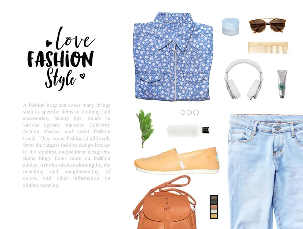 Fashion blogger-konceptet. Minimal uppsättning feminina tillbehör på vit bakgrund. — Stockfoto