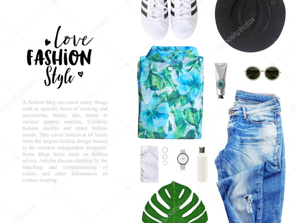 fashion blogger concept. Minimal set of Feminine accessories on white background.