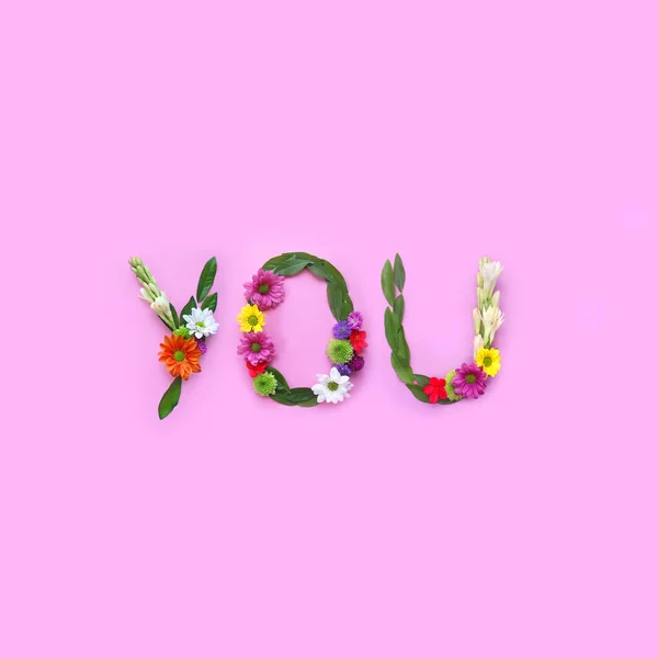 You. Floral collage on pink background — Stock Photo, Image