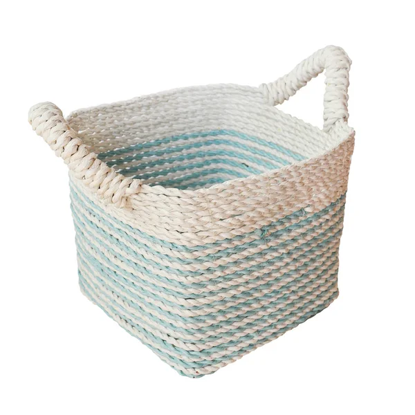 Woven Raffia Basket Isolated White Details Boho Style Eco Design — Stock Photo, Image