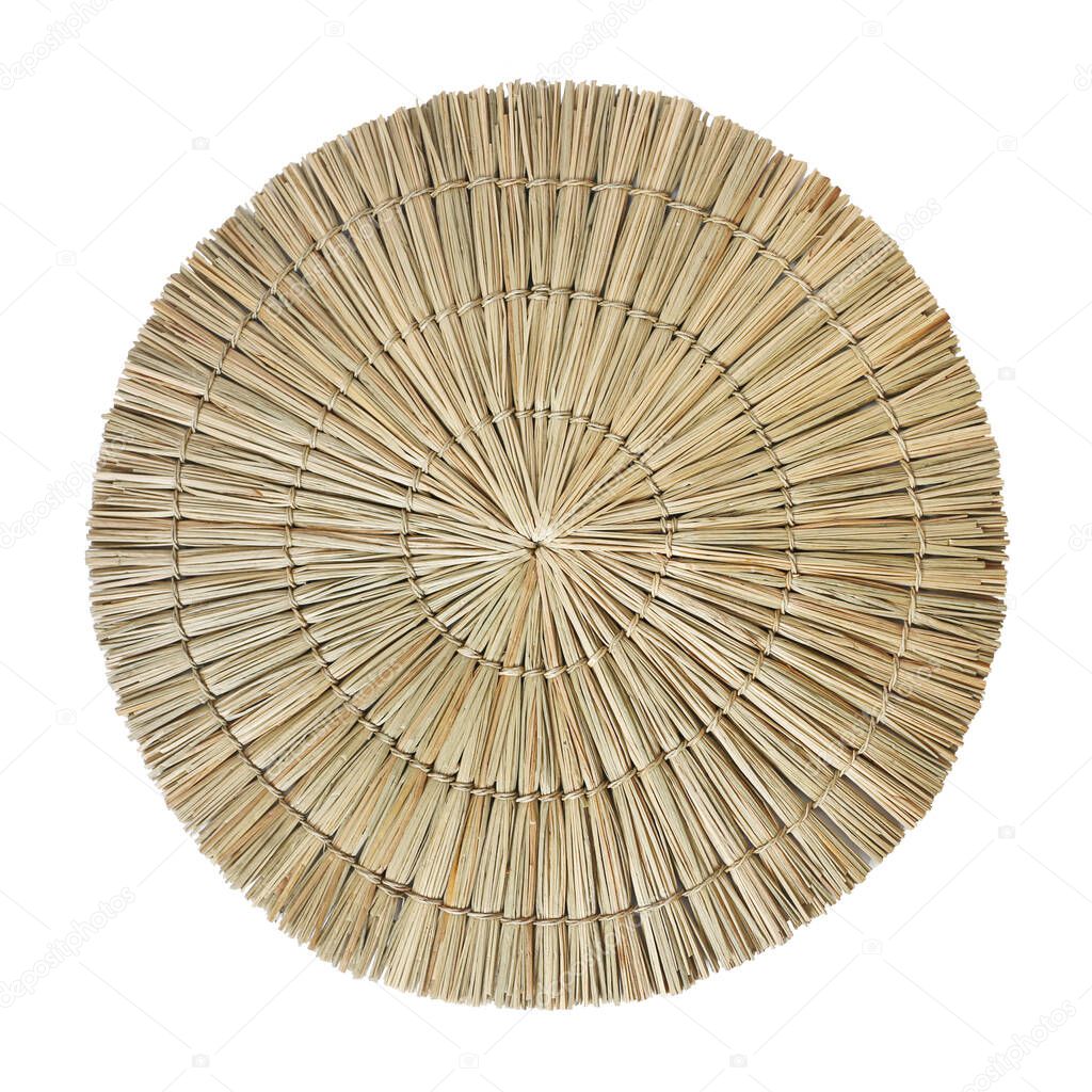 straw carpet round decor isolated on white background. Details of modern boho bohemian and minimal style eco design interior