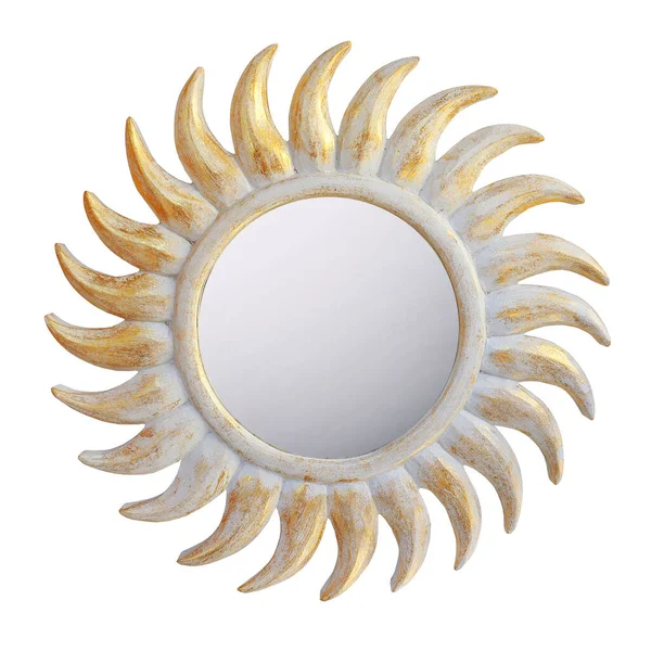 白い背景に鏡が孤立した木枠の太陽。近代的なboho 、 bohemian 、ロフトスタイルの詳細。エコデザインのインテリア — ストック写真