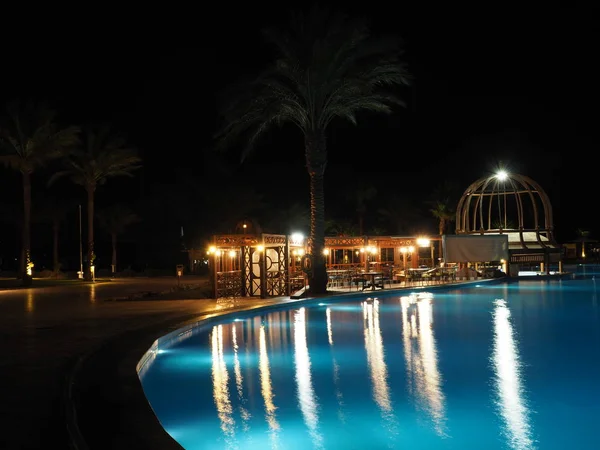 Nachts Cafe Zonder Mensen Bij Het Zwembad Met Verlichting Blauw — Stockfoto
