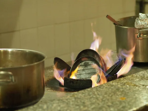 Riscaldamento Sul Fuoco Aperto Una Padella Ferro Cucinare Carne Nella — Foto Stock