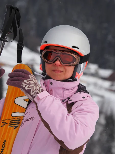 Ukraine Bukovel February 2019 Portrait Woman Skier Mountain Forest Background — Stock Photo, Image