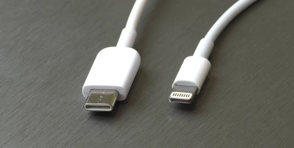 Gri metal arka planda Usb tip C ve şimşek beyaz kablo bağlantısı