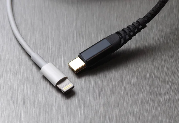 Usb Type Lightning Cable Connector Gray Metal Background — 스톡 사진