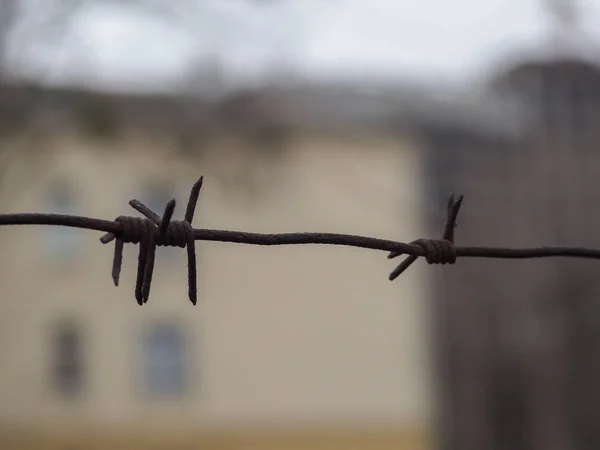 Zardzewiały Stary Drut Kolczasty Zbliżenie Zachmurzonym Tle Nieba — Zdjęcie stockowe